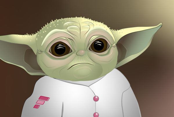 Baby Yoda in Feltenpersonal outfit vector illustration